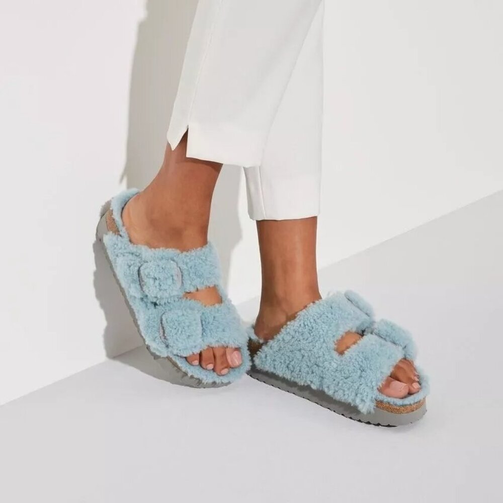 Papillio Birkenstock Arizona Big Buckle Shearling Teddy Faded Aqua Size 41 EU